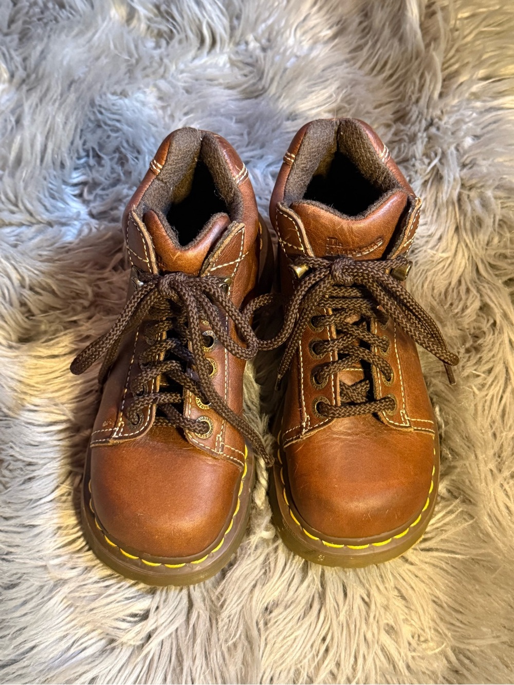 Dr. Martens Kids Brown Leather Lace-Up Boots with Yellow Stitching